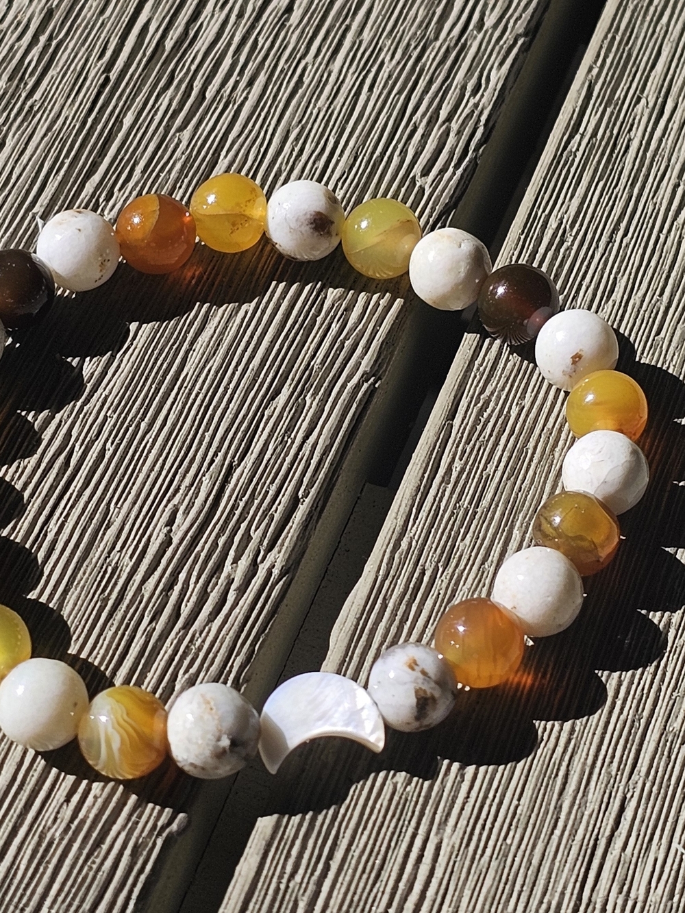Very Beautiful White and Amber Beaded Stretch Bracelet